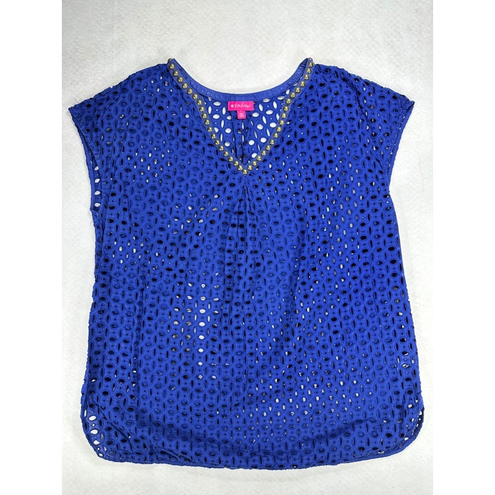 Lilly Pulitzer Target Blue Eyelet Studded V Neck Swim Coverup Top 2X Cotton